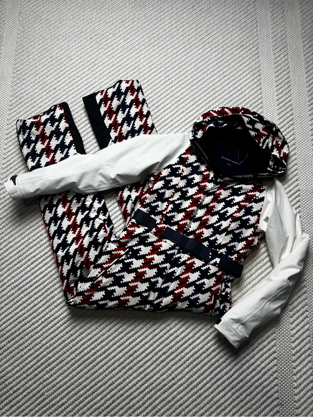 Perfect Moment Houndstooth Belted Ski Suit White Red Blue Excellent Small